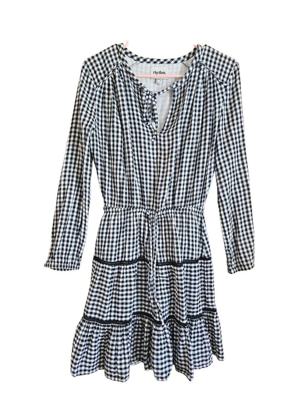 Rhythm. Black & White Gingham Tie-Waist Mini Dress XS